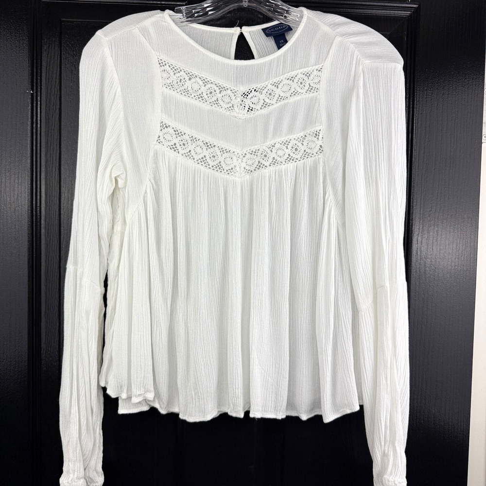 Scoop Womens White/Cream Gauze Boho Blouse Crochet Lace Long Sleeve XS 0-2